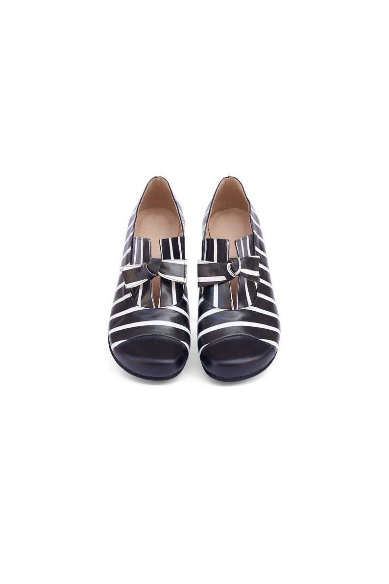 Women's Black and White Striped Leather Flats Slip-Ons with Bow Tie image 2