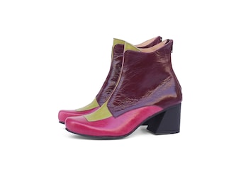 Colorful boots purple ,pink and green leather funky block heel ankle boots , ADIKILAV