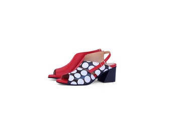 Handmade red Geometric Block Heel Sandals - Women's Stylish Open Toe Heeled Sandals