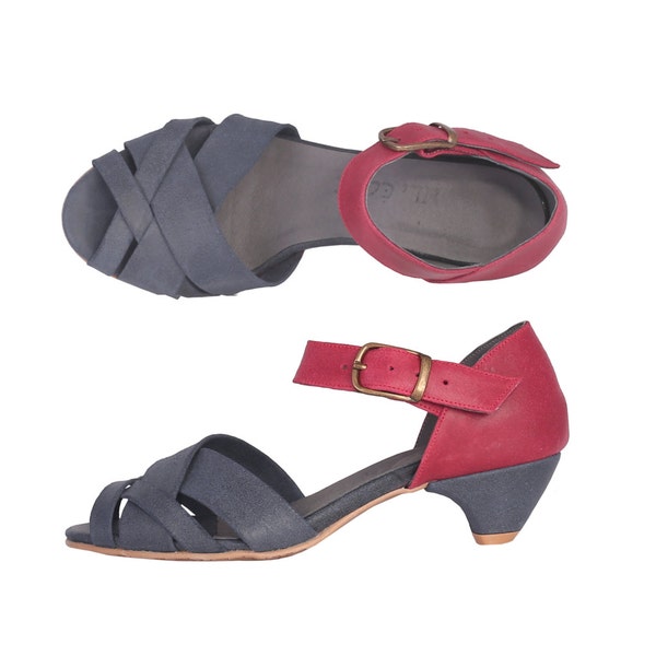 Last pair 40% red and blue  Leather Sandals with peep toe, woven sandals,  kitten heel sandals with buckle