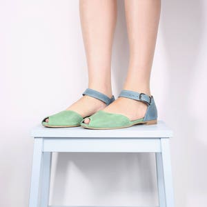 Peep toe leather sandals, handmade blue and green sandals ADIKILAV image 2