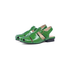 Handmade Women's Blue Patent Leather Summer Shoes: Cutout Close Toe Green