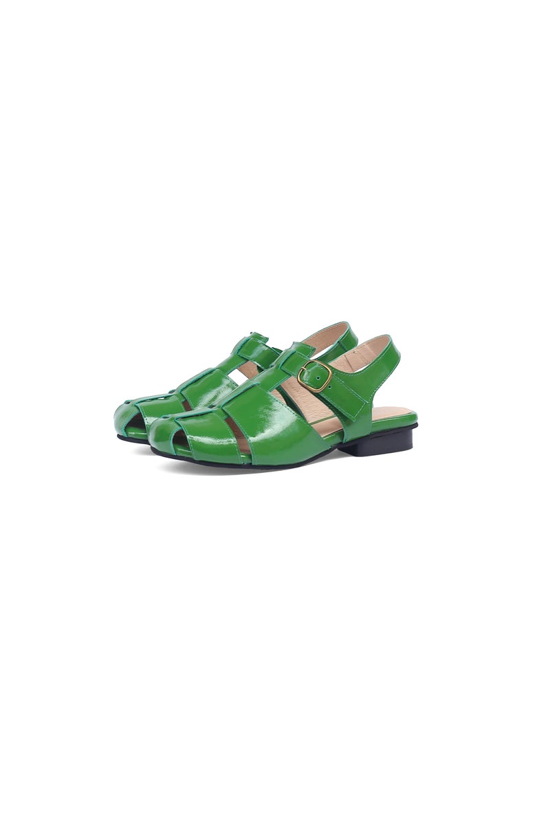 Handmade Women's Blue Patent Leather Summer Shoes: Cutout Close Toe Green