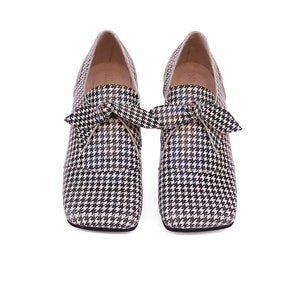 Leather women's shoes black and white Houndstooth ,wide bow shoes, handmade Loafers, ADIKILAV image 2