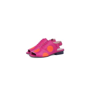 Women's sandals baby blue leather peep toe colorful slingbacks ADIKILAV pink & orange