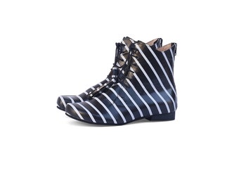 Women's Combat Boots, black and white strips Leather Lace Up heel wide handmade Booties ADIKILAV
