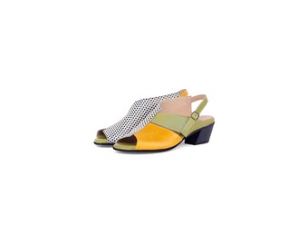 Handgefertigte Leder Slingback Heels – Color Block Peep Toe Sandalen für Damen