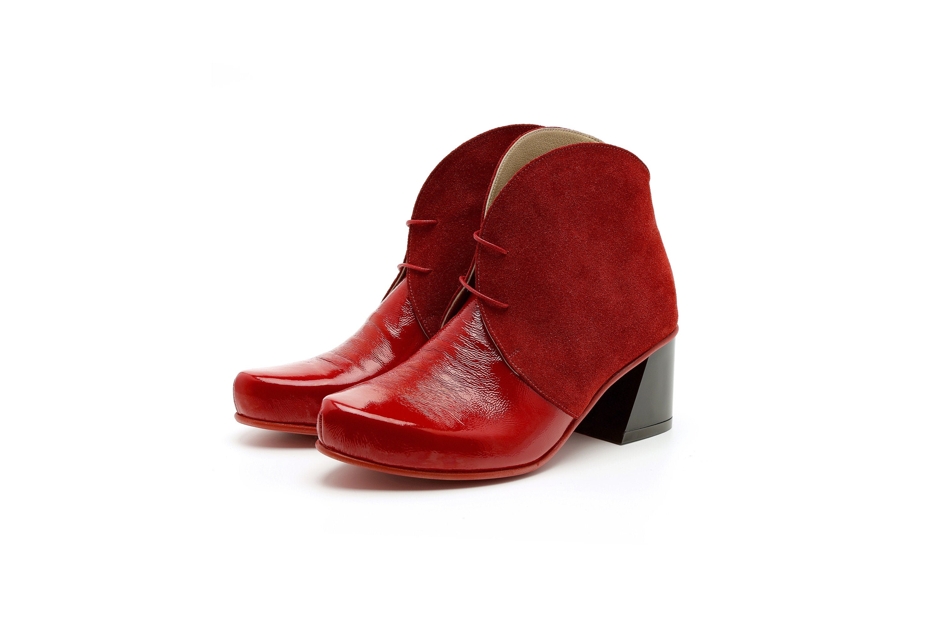 red leather block heel boots