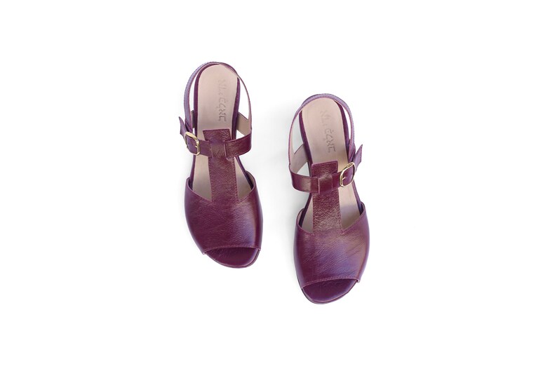 Purple Leather T-Strap Women's Summer low heel Sandals image 2