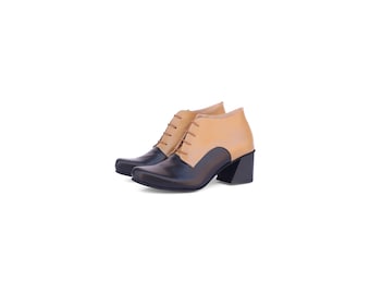 Two-Tone Women’s Leather Oxfords Comfortable 6 cm Block Heel