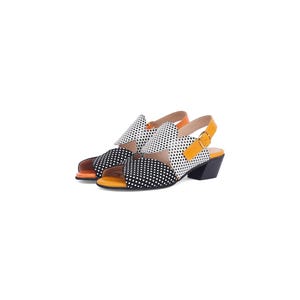 Handgefertigte Polka Dot Ledersandalen - Mismatched Slingback Heels mit Senf & Orangen Riemen