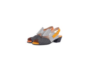 Handmade Polka Dot Leather Sandals – Mismatched Slingback Heels with Mustard & Orange Strap