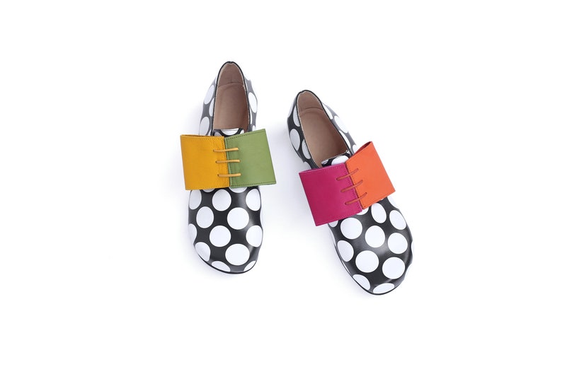 Women's Black and White Polka Dot Leather Flat Shoes image 1