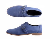 Men's shoes Blue Leather unique Oxford monk shoe with buckle ADIKILAV