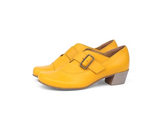 Women's yellow monk shoes handmade leather shoes with a buckle