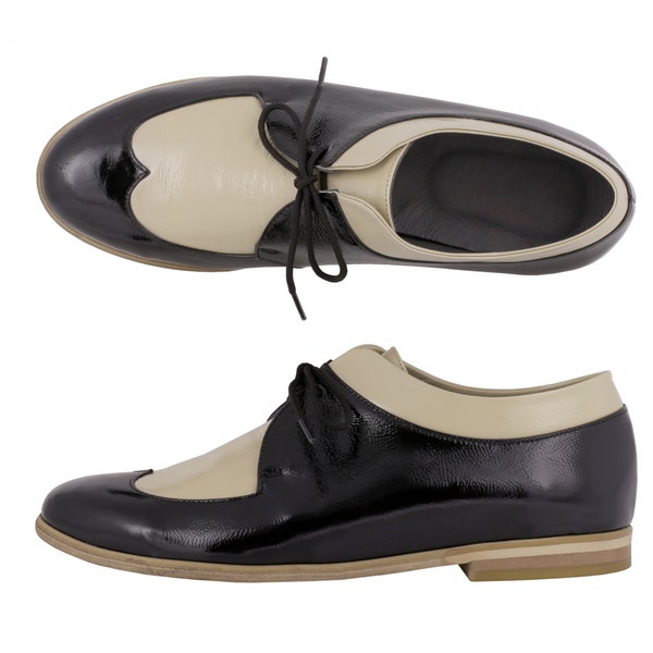 Womens oxfords, black and crame patent leather womens handmade shoes , flats , adikilav