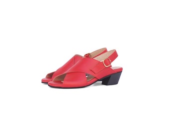 Red Leather sandals women's crossover slingback sandals