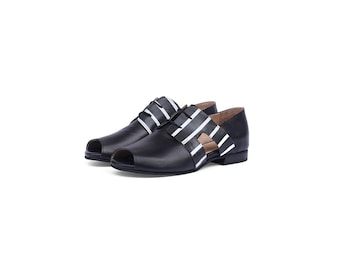 Women's Cutout Oxford Shoes in Black and white Leather with strips Details - Handmade by ADIKILAV