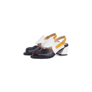 Handmade Geometric Leather Sandals – Bold Black & White Block Heel for Women