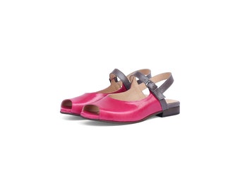 flat Peep Toe  Leather women's Sandal in  fuchsia pink & gray Leather