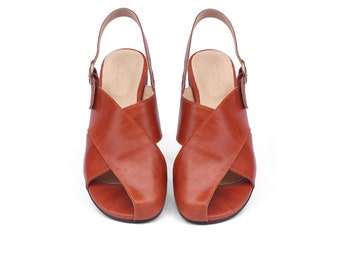 Leather sandals flat women's crossover slingback sandals