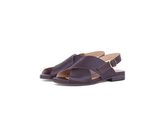 Brown Leather sandals flat women's crossover sandals