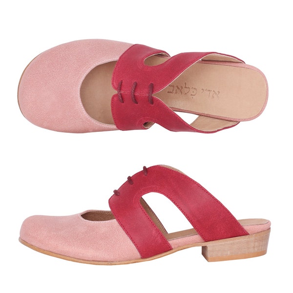 Flat Slip ons women's shoes, pink leather with geometric cutout