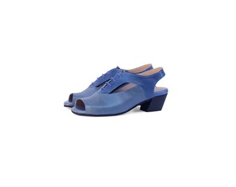 Women's leather sandals low heel peep toes with laces in blue