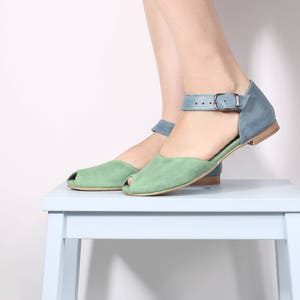 Peep toe leather sandals, handmade blue and green sandals ADIKILAV image 4