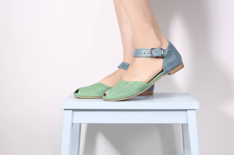 Peep toe leather sandals, handmade blue and green sandals ADIKILAV image 4