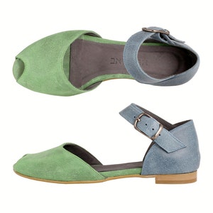 Peep toe leather sandals, handmade blue and green sandals ADIKILAV image 6