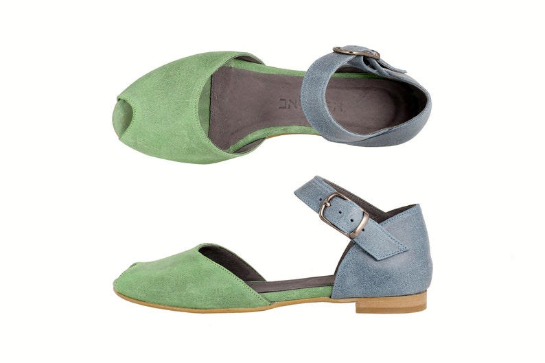 Peep toe leather sandals, handmade blue and green sandals ADIKILAV image 6