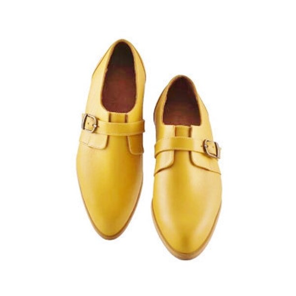 yellow women monk shoes, Handmade leather shoes