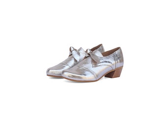 Women's Silver Leather Chunky Heel Shoes