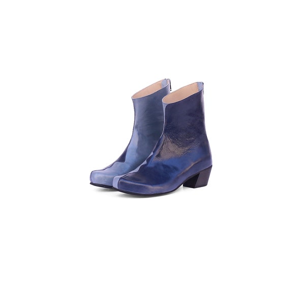 women's boots mid calf two tone blue leather low heel Boots