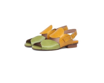 Handmade Leather Women's Flat Sandals, Two-Tone green and yellow leather peep toes