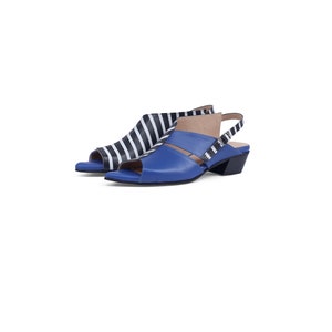 Women's Pointy Sandals  Black & White Stripes with Blue Leather