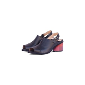 Handmade Black Leather Peep Toe Sandals – Artistic Block Heel Design