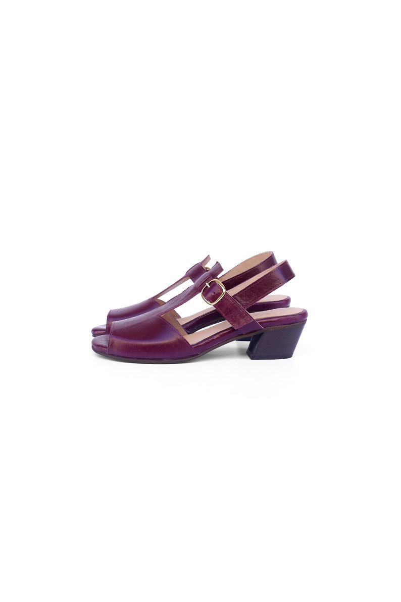 Purple Leather T-Strap Women's Summer low heel Sandals image 3