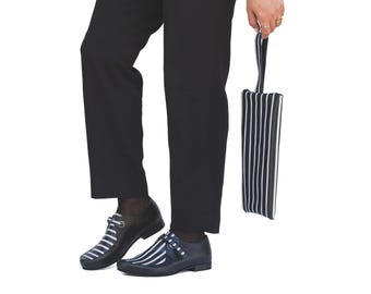 Black and White Striped Leather Shoes with Buckle Strap | Unique Handcrafted Flats for Women