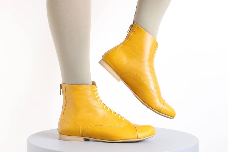 Yellow Leather Booties shoes, flat Boots, mid calf, Handmade Free Shipping Adikilav image 3