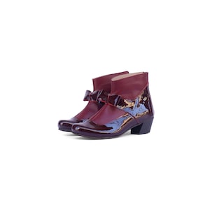 Burgundy Leather Ankle Boots with Bow – Vintage Glam