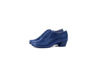 Women's Blue Low Heel Shoes - Handcrafted Leather tie shoes