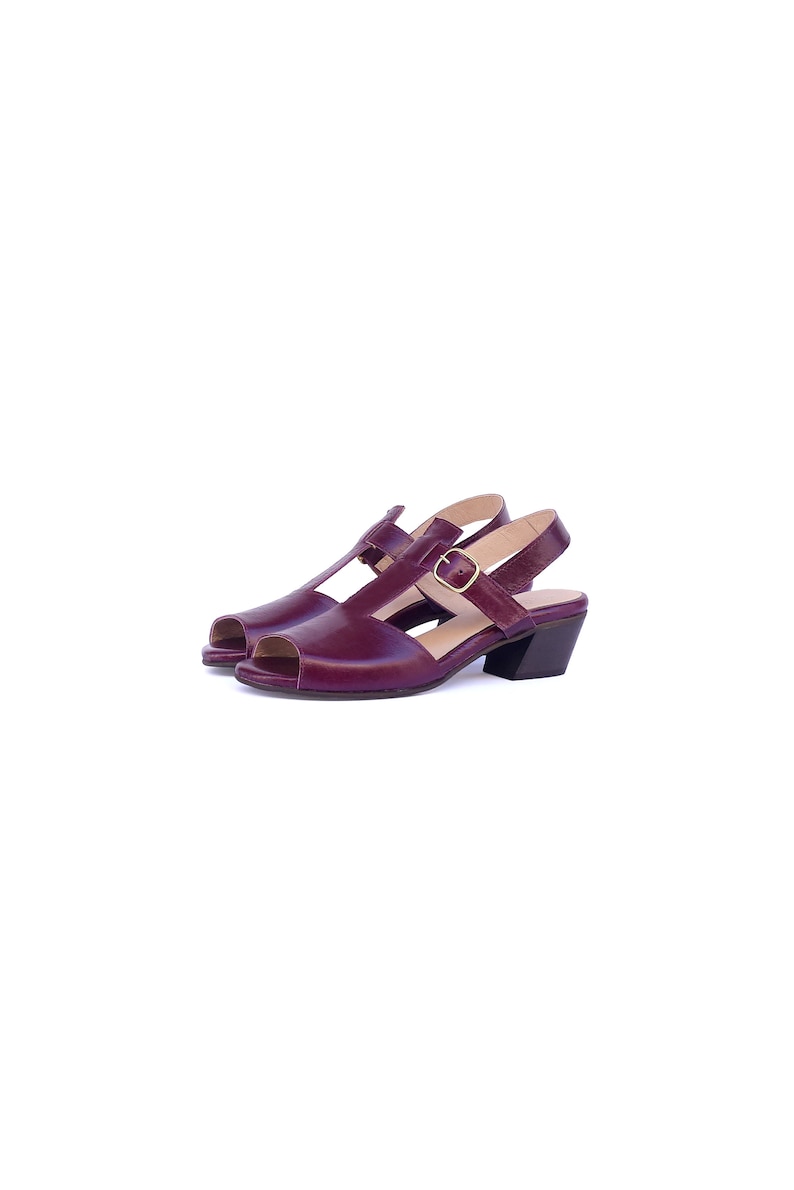 Purple Leather T-Strap Women's Summer low heel Sandals Purple