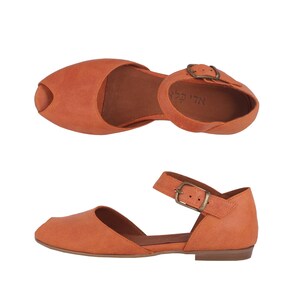 Peep toe leather sandals , handmade womens sandals orange leather flats On Sale image 2