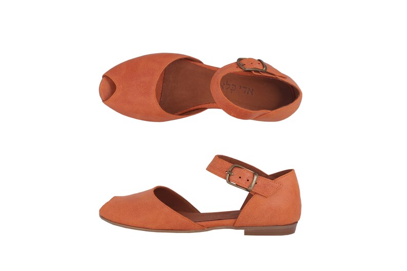 Peep toe leather sandals , handmade womens sandals orange leather flats On Sale image 2