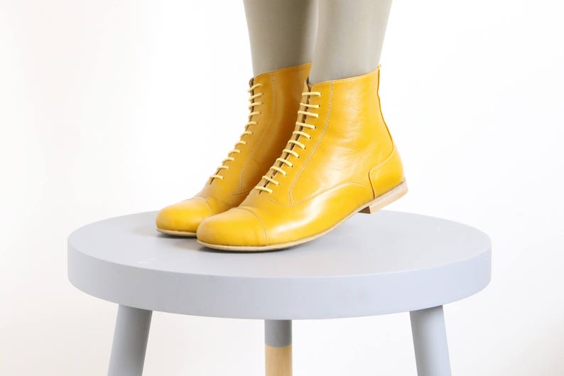 Yellow Leather Booties shoes, flat Boots, mid calf, Handmade Free Shipping Adikilav image 2