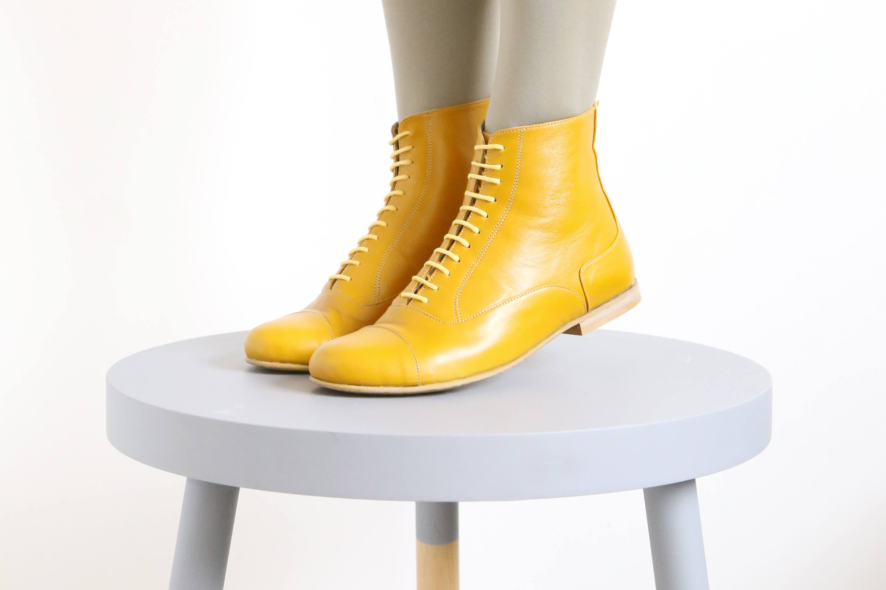 Yellow Leather Booties shoes flat Boots mid calf handmade Etsy