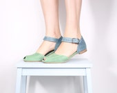 Peep toe leather sandals, handmade blue and green sandals ADIKILAV