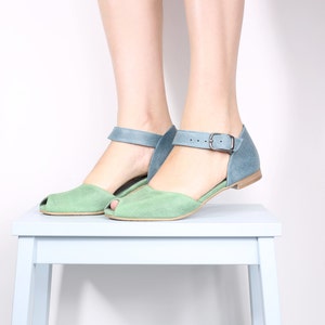 Peep toe leather sandals, handmade blue and green sandals ADIKILAV image 1